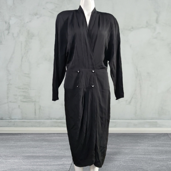 Vintage 80s Barbara Barbara Pleated Drop Waist Wrap Tulip Midi Dress Size 14 - Picture 1 of 9